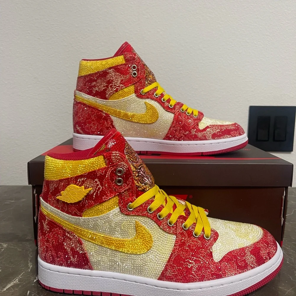 Custom Red, Yellow Rhinestone Crystal Nike Air Jordan Sneakers,Size Euro 41,